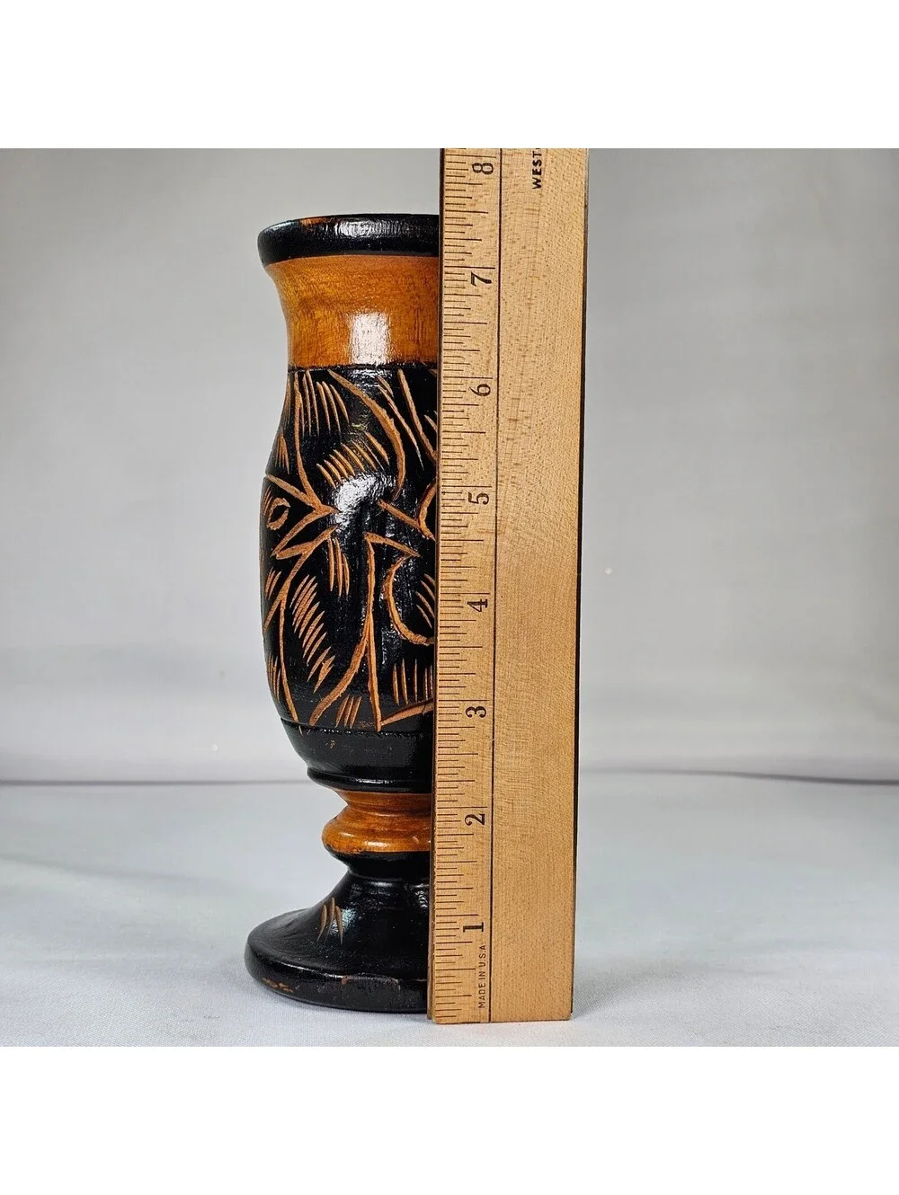 Vintage Hand Carved Wooden Vases Set of 2 Floral Etched Two Tone Black Natural
